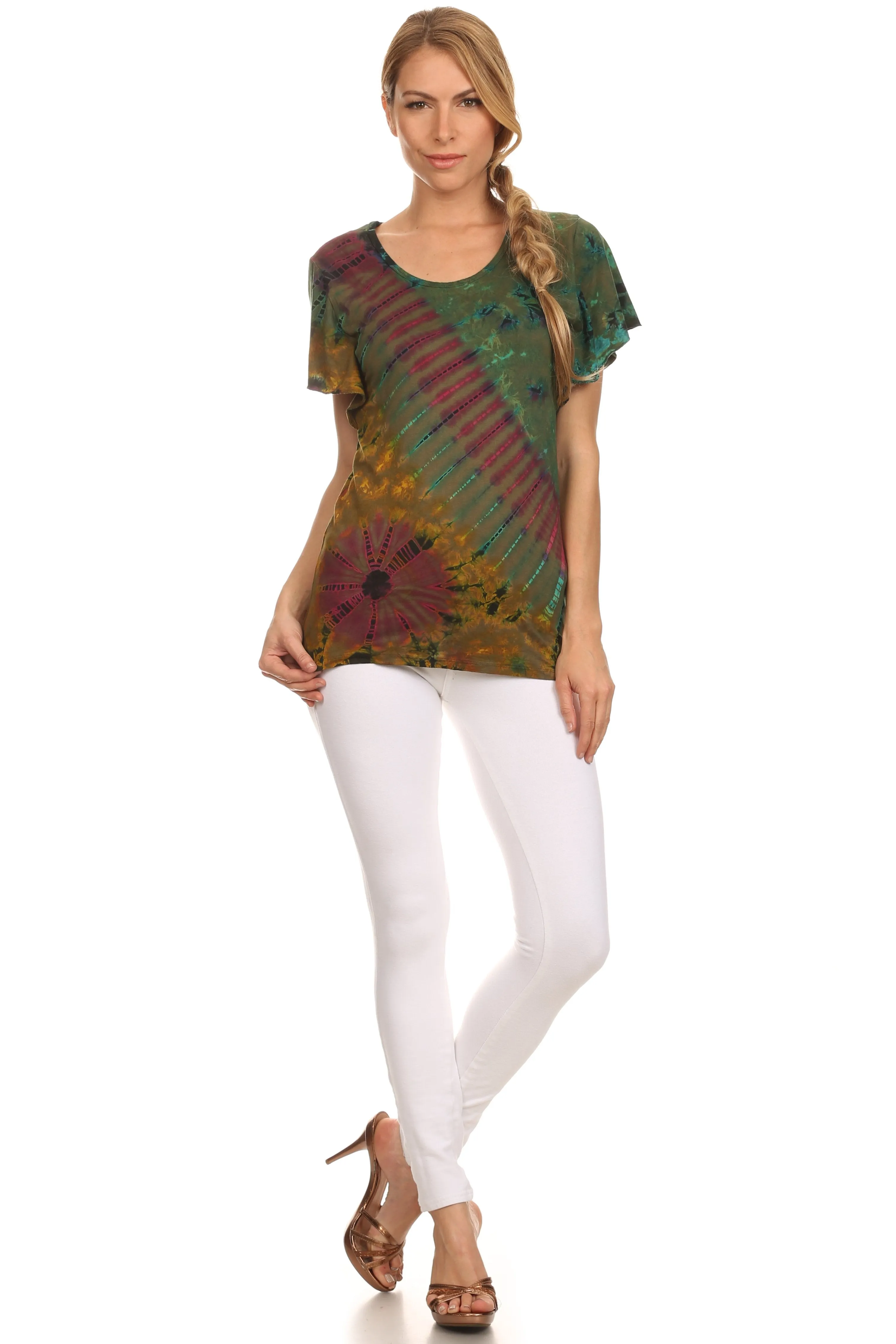 Sakkas Ina Tie Dye Scoop Neck Cap Sleeves Blouse/Top