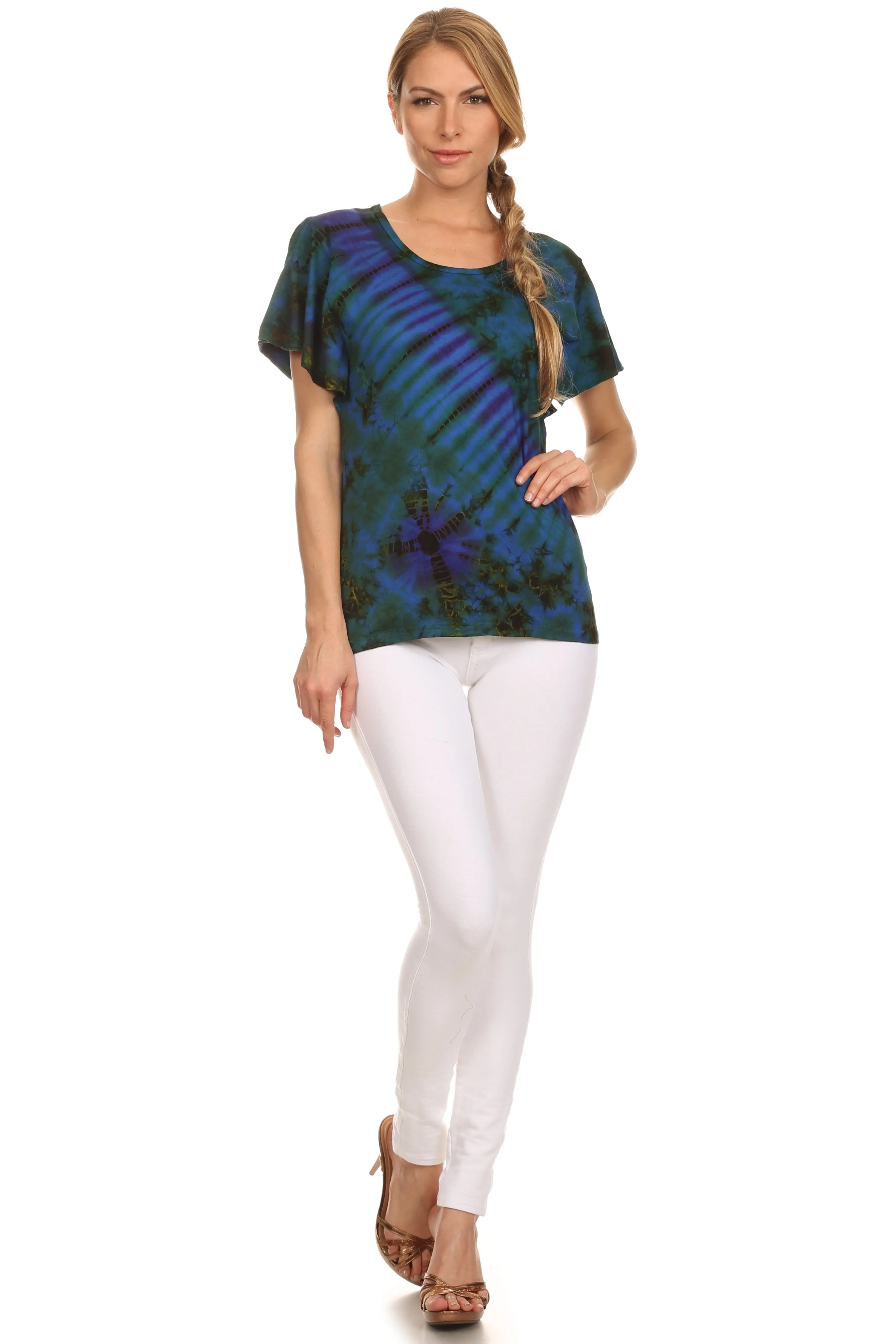 Sakkas Ina Tie Dye Scoop Neck Cap Sleeves Blouse/Top