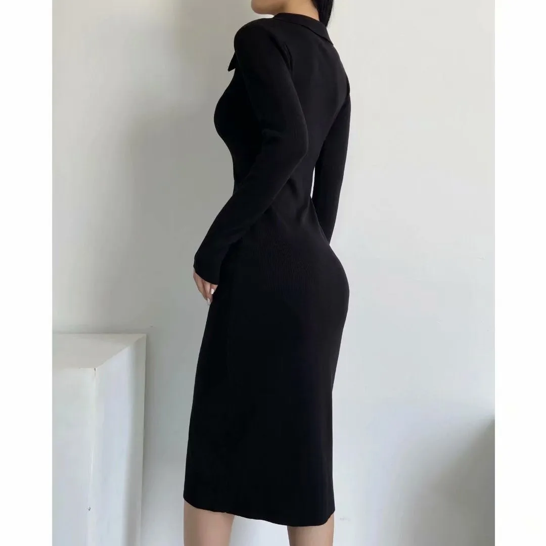 Solid Buckle Backless Turndown Collar Pencil Skirt Dresses (Without Belt)