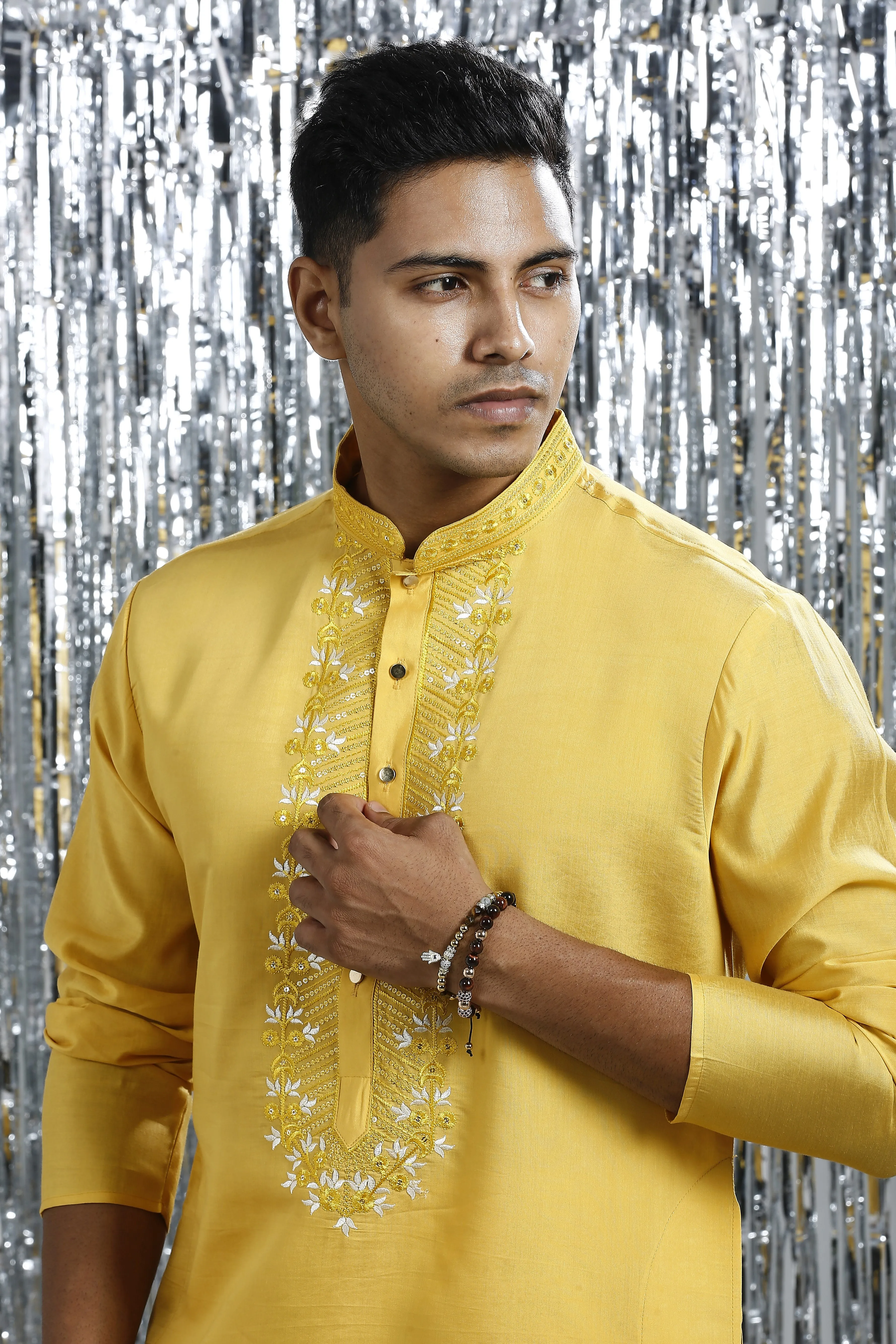 SUNSTRUCK YELLOW KURTA SET WITH INTRICATE EMBROIDERY AROUND NECKLINE