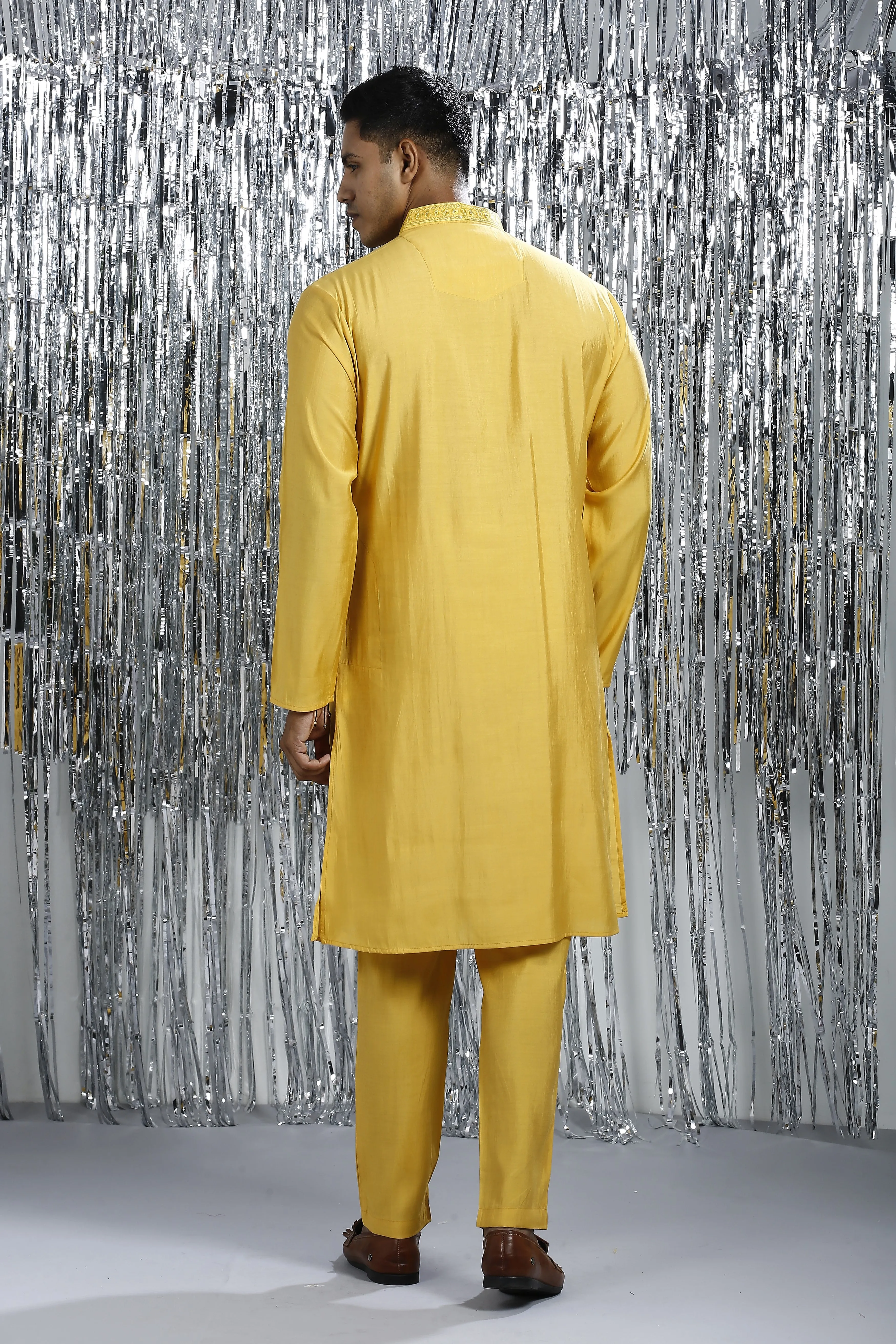 SUNSTRUCK YELLOW KURTA SET WITH INTRICATE EMBROIDERY AROUND NECKLINE