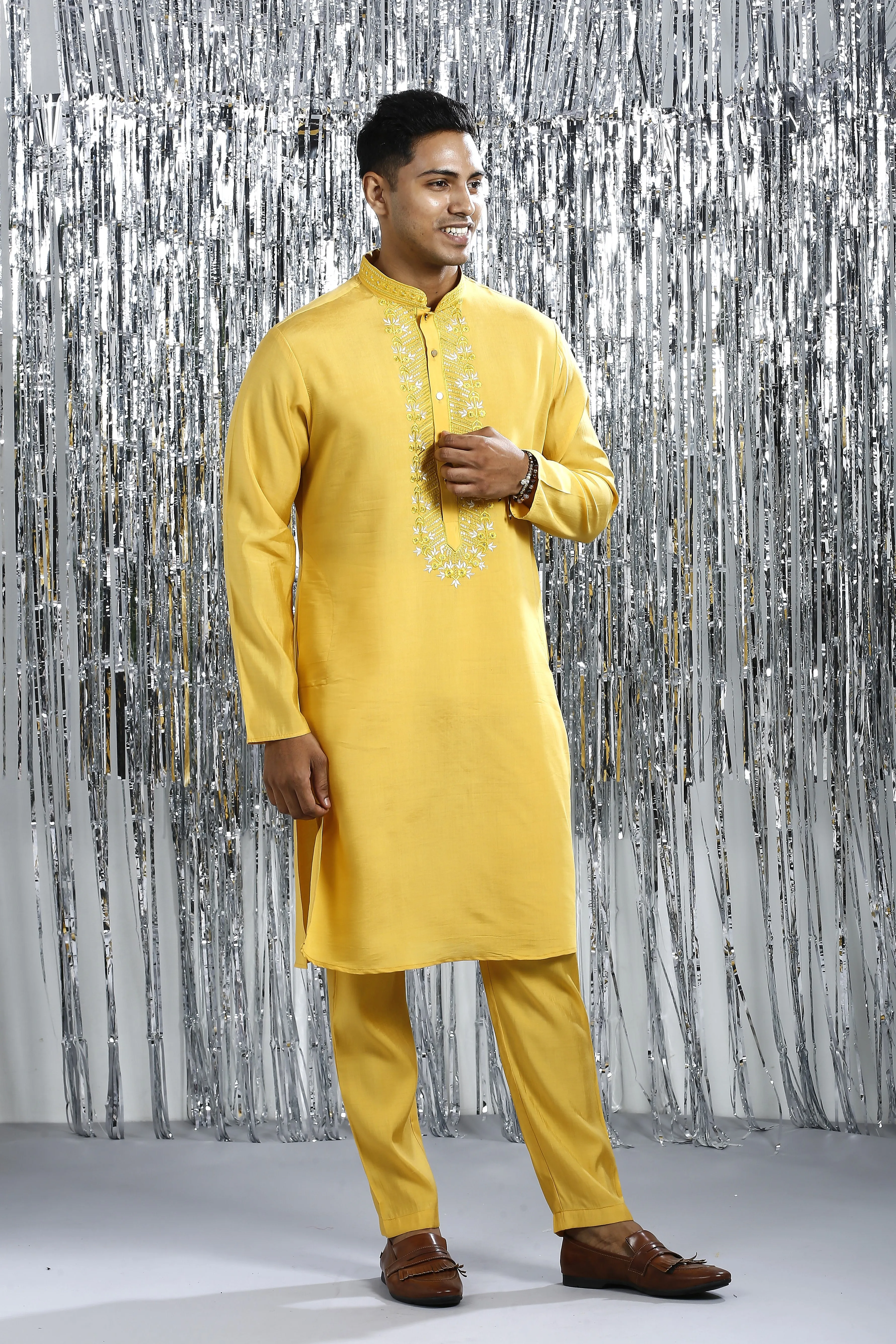 SUNSTRUCK YELLOW KURTA SET WITH INTRICATE EMBROIDERY AROUND NECKLINE