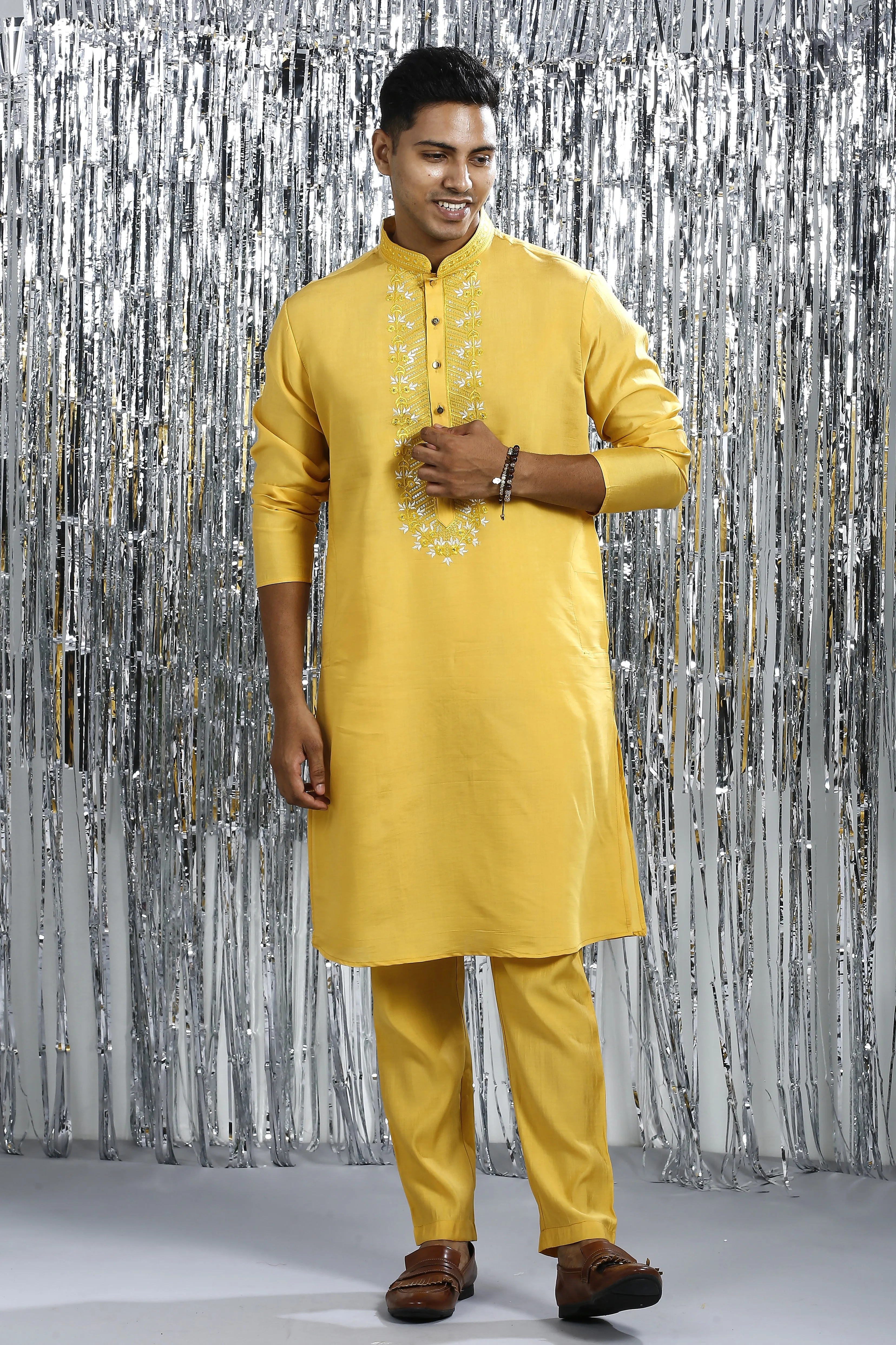 SUNSTRUCK YELLOW KURTA SET WITH INTRICATE EMBROIDERY AROUND NECKLINE