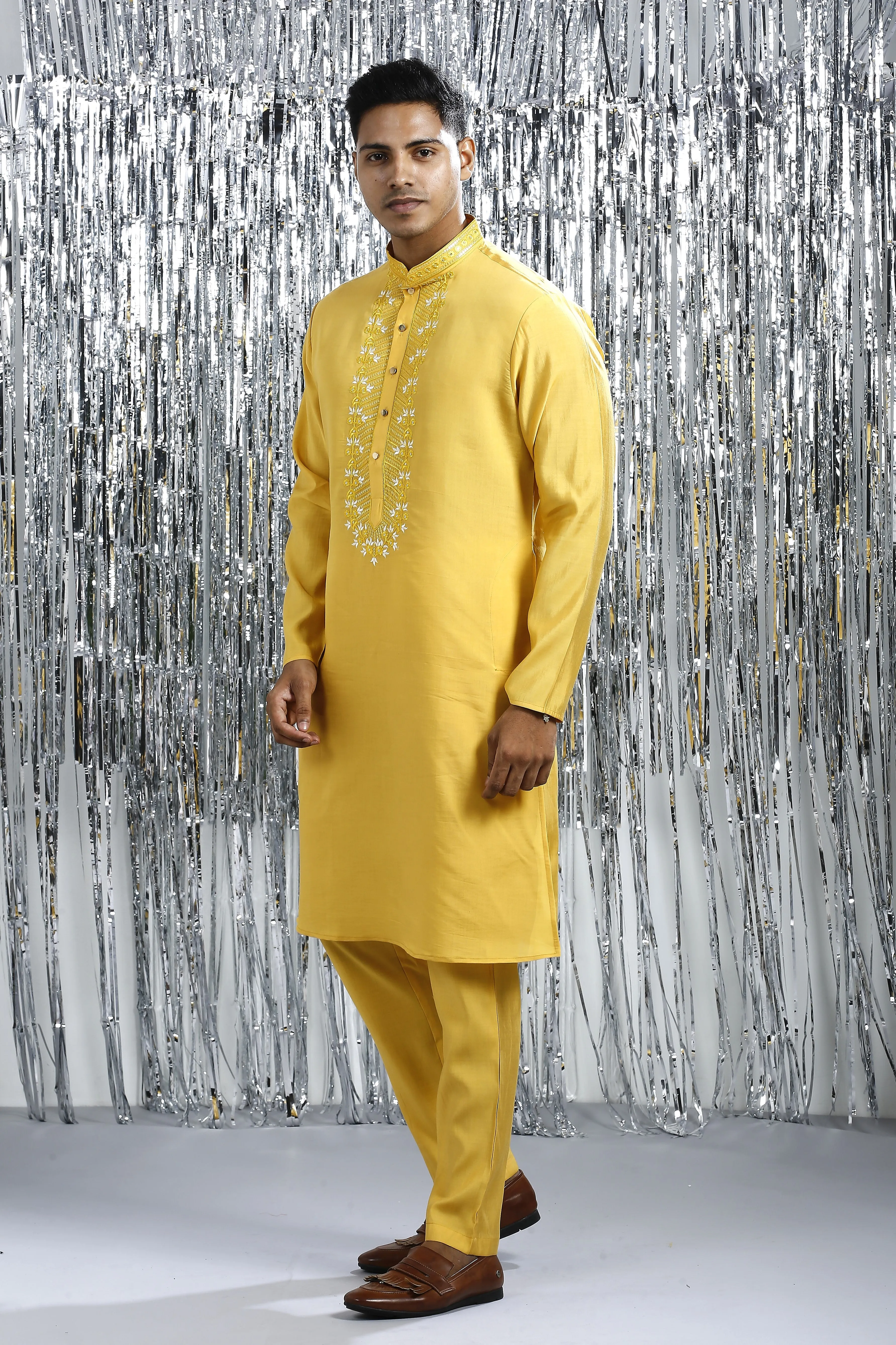 SUNSTRUCK YELLOW KURTA SET WITH INTRICATE EMBROIDERY AROUND NECKLINE