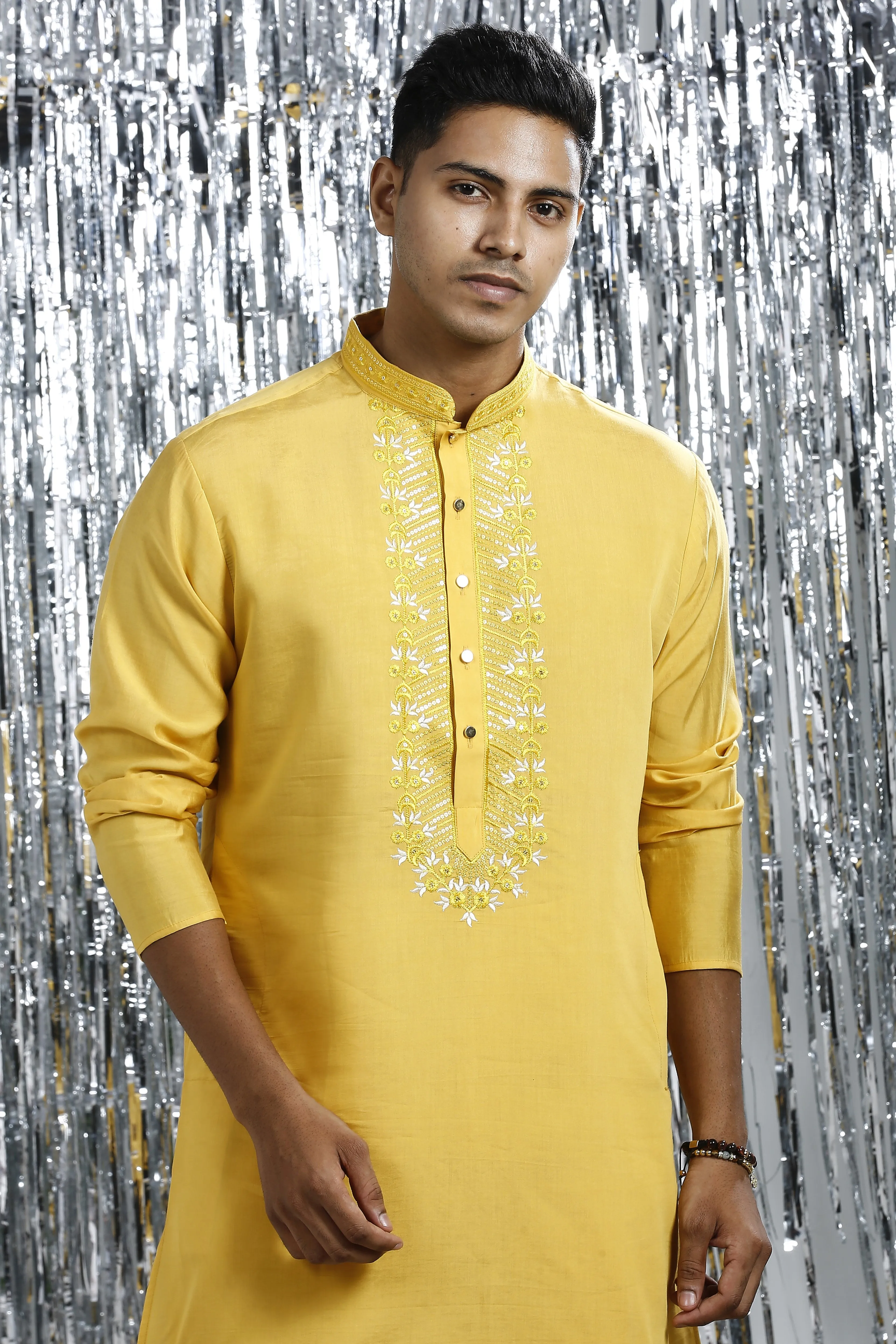 SUNSTRUCK YELLOW KURTA SET WITH INTRICATE EMBROIDERY AROUND NECKLINE