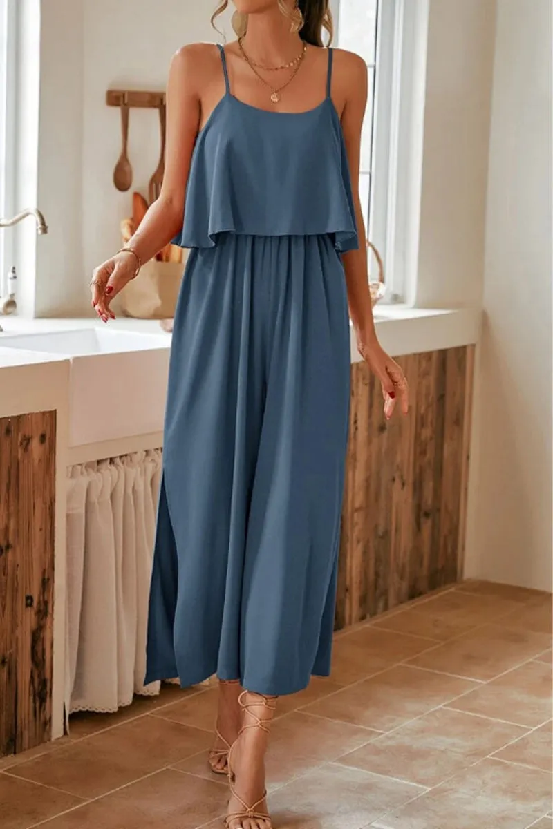 Sweet Elegant Solid Flounce U Neck Straight Jumpsuits