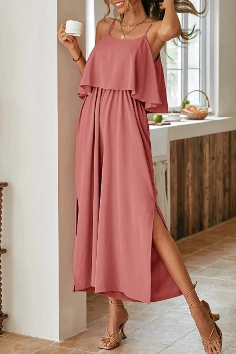 Sweet Elegant Solid Flounce U Neck Straight Jumpsuits