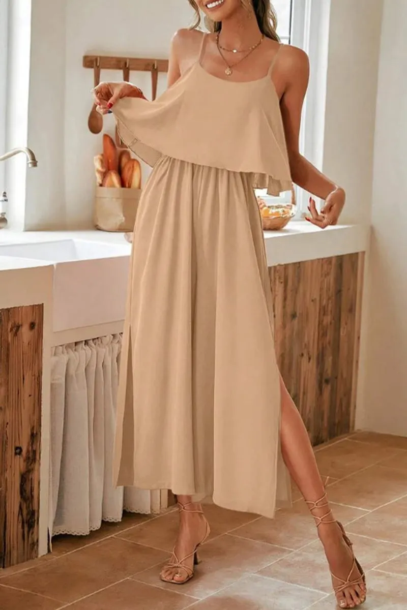 Sweet Elegant Solid Flounce U Neck Straight Jumpsuits