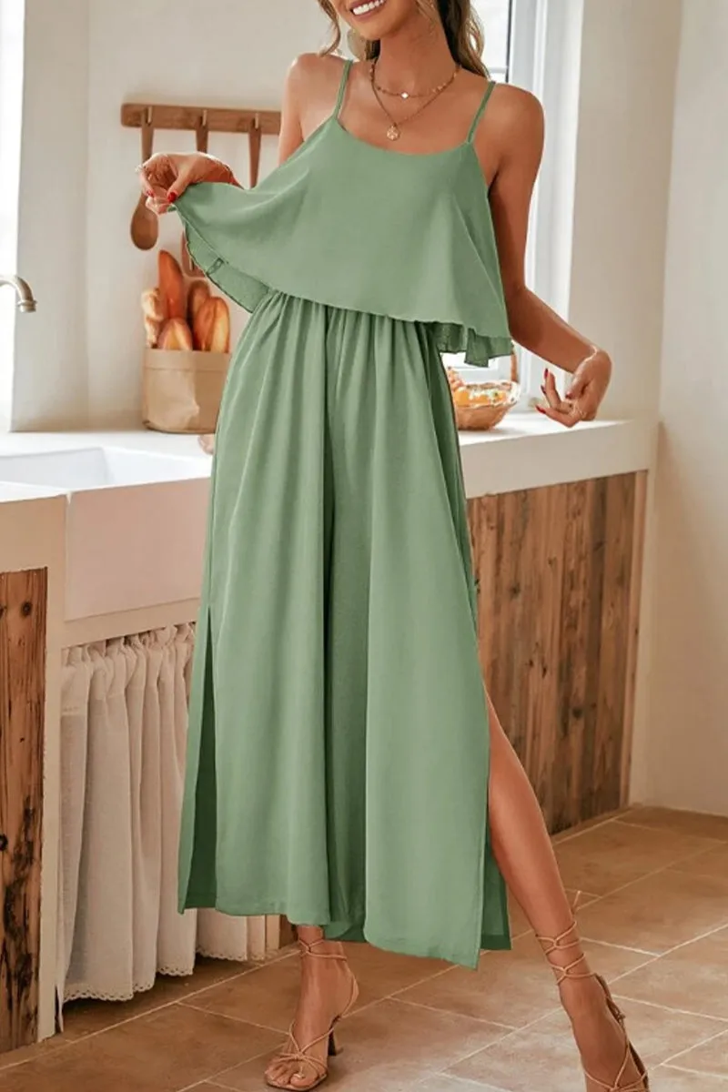 Sweet Elegant Solid Flounce U Neck Straight Jumpsuits