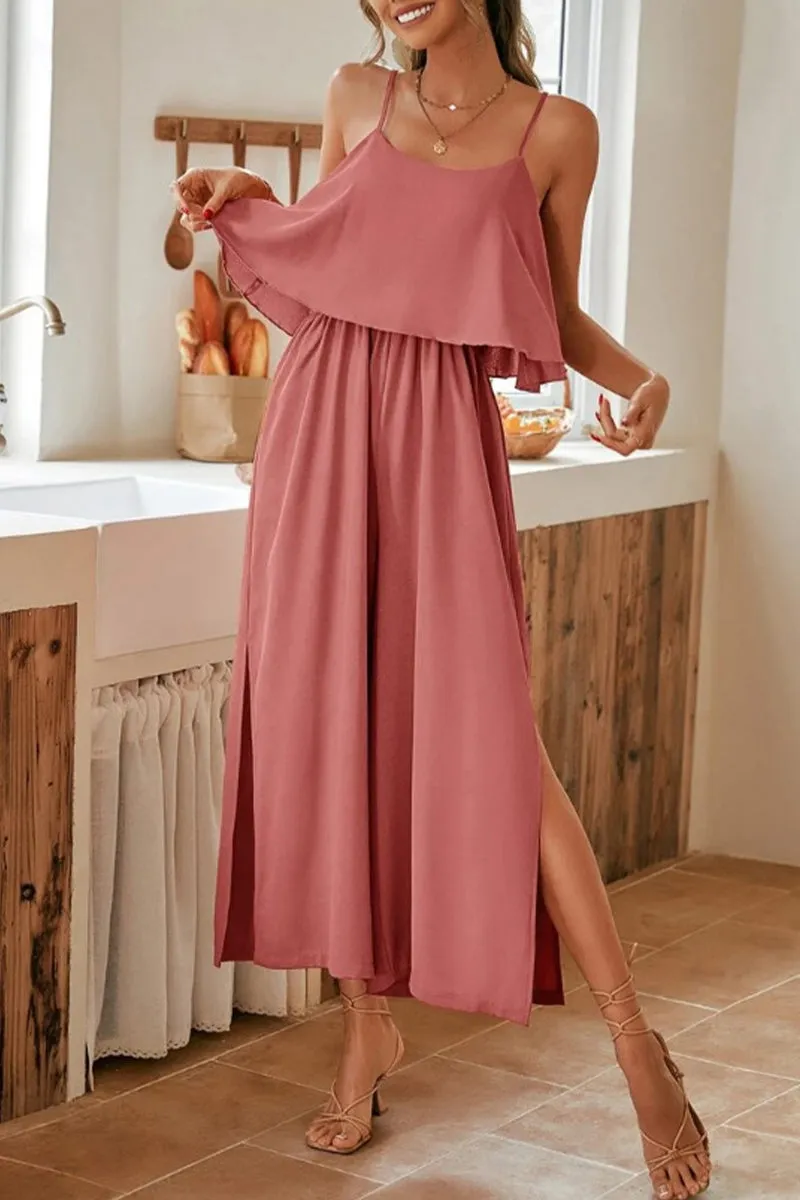 Sweet Elegant Solid Flounce U Neck Straight Jumpsuits