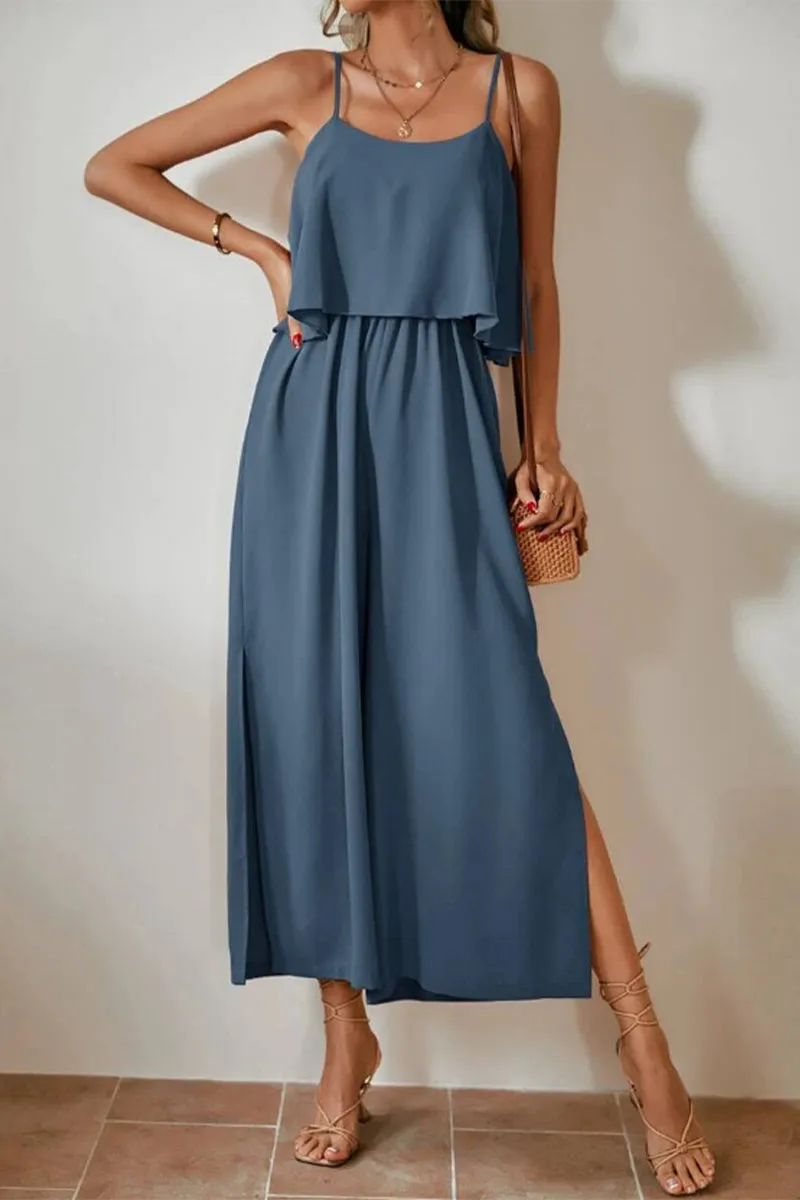 Sweet Elegant Solid Flounce U Neck Straight Jumpsuits