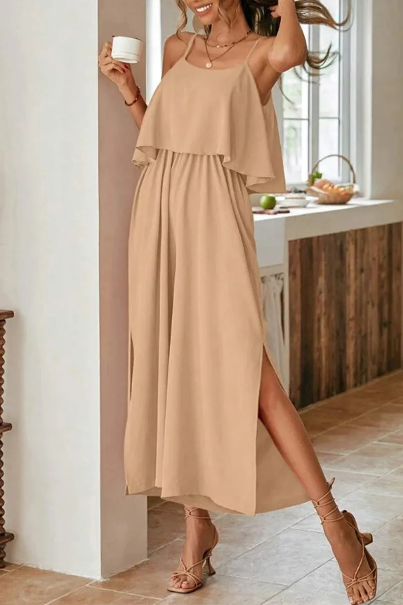 Sweet Elegant Solid Flounce U Neck Straight Jumpsuits