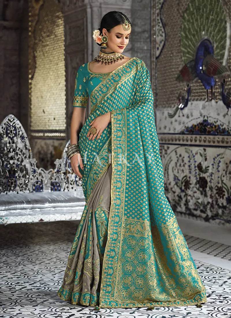 Teal And Grey Dual Tone Silk Saree