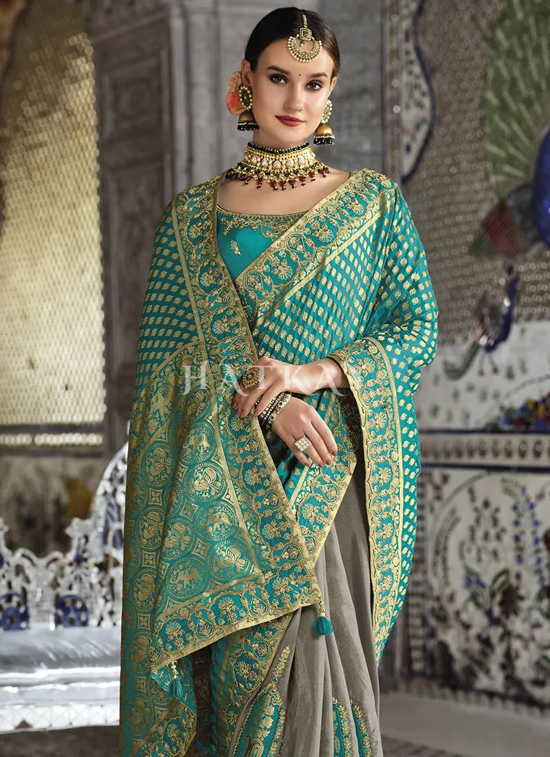 Teal And Grey Dual Tone Silk Saree