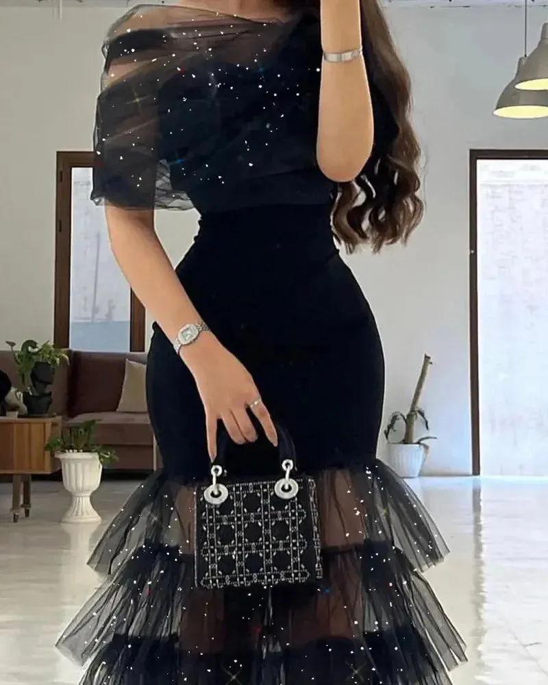 Trendy Black Sequin Formal Maxi Dress