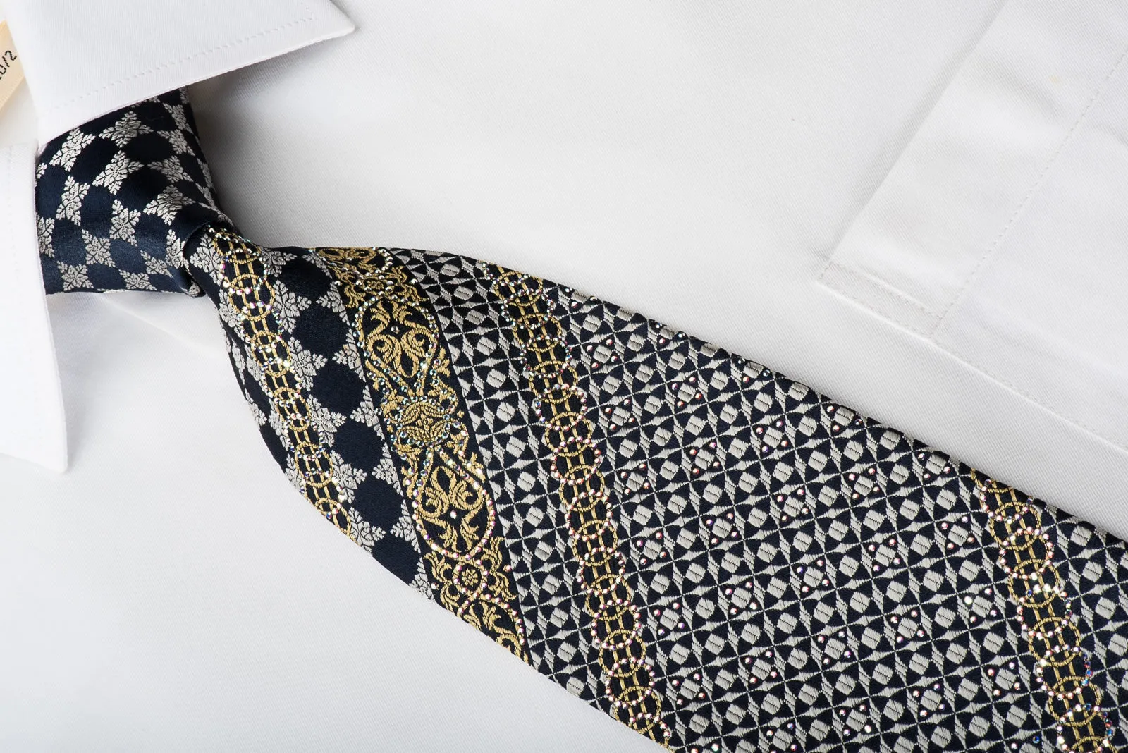 Ungaro Rhinestone Silk Necktie Gold Silver Cartouche On Navy With Gold Silver Sparkles