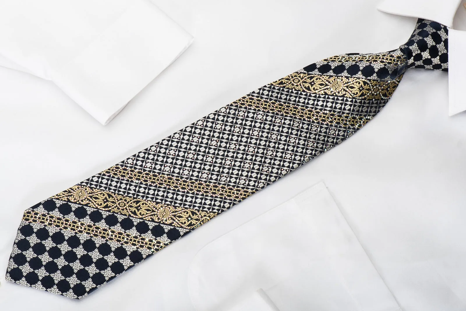 Ungaro Rhinestone Silk Necktie Gold Silver Cartouche On Navy With Gold Silver Sparkles