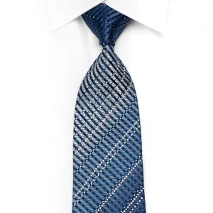 Valentino Rich Men's Crystal Silk Tie Stripes On Blue With Silver Sparkles