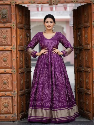 Wine Color Digital Bandhej Printed Pure Gaji Silk Beautiful Gown